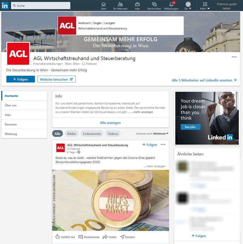 Social Media LinkedIn Beispielseite